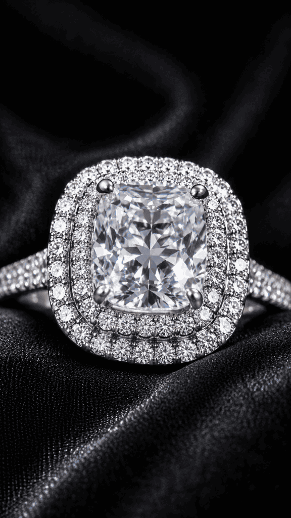 Paradis — Reclamă AI pentru inel de logodnă cushion-cut